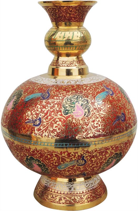 Brass Gift Center Flower Pot With Handwork Colour Brass Vase  (9 inch, Multicolor)