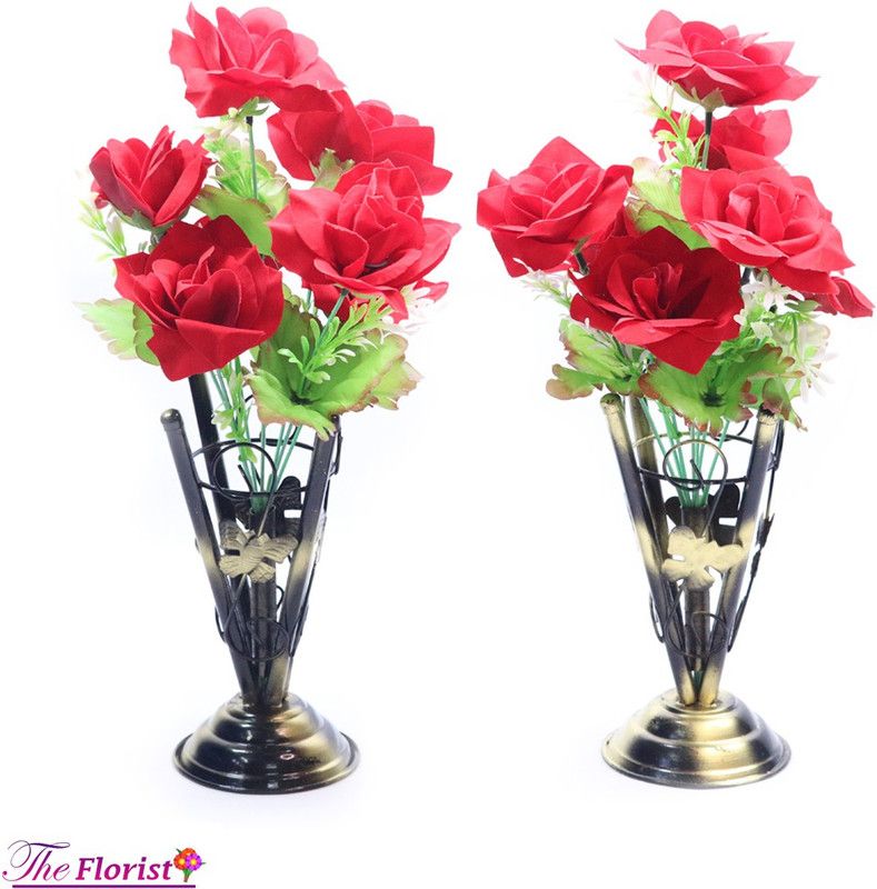 The Florist RED VELVET ROSE 7 STICK WITH IRON VASE Red Rose Artificial Flower with Pot  (15 inch, Pack of 2, Flower with Basket)