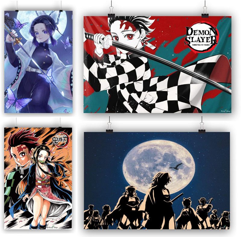 Demon Slayer superhero 1029 Pack of 4 for wall decoration Paper Print  (18 inch X 12 inch, Rolled)