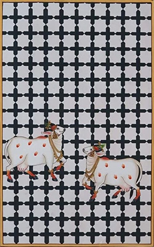 hanish art Cow's Handmade Pichwai Painting Hand Painted on Cloth Natural Colors 16 inch x 10 inch Painting  (Without Frame)