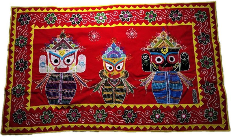 YOUR SPECIAL KART Handcrafted Applique Wall Hanging Chandua-Lord Jagannath Balabhadra Subhadra Tapestry  (Red, Multicolor)