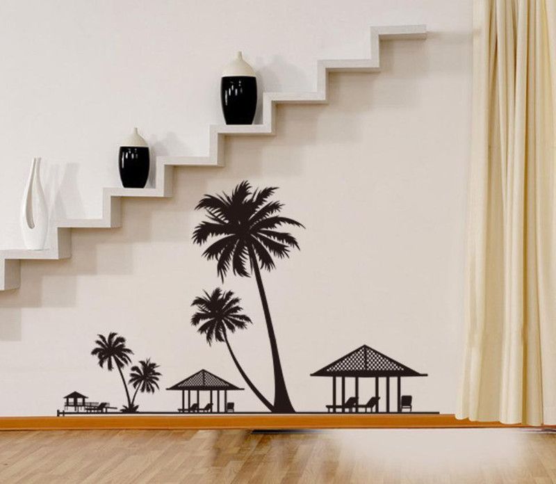 Asmi Collections 90 cm PVC Decals Beach Black Palm Tree Hut Removable Sticker  (Pack of 1)