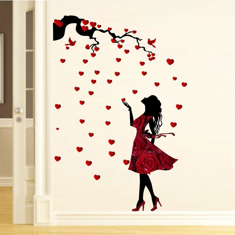 JSS DECORATIONS DESIGNS 317 cm Girl Wearing Red Dress Enjoying Heart Leaves' Wall Sticker ( 317 cm X 93 cm ) Self Adhesive Sticker  (Pack of 1)