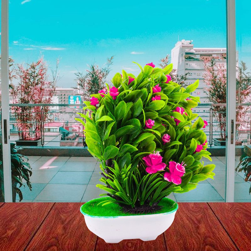 Khubi Gifts And Stationaries Artificial Elegant Mini Bunch Of Flowers And Leaf’s With White Oval Planter Bonsai Wild Artificial Plant with Pot  (22 cm, Pink)