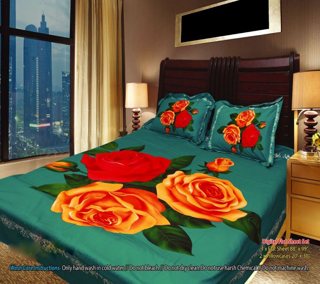 Panel Bedsheet- Green with Rose - ANJ