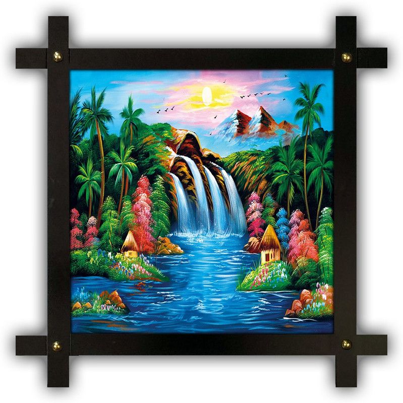 Poster N Frames Cross Wooden Frame Hand-Crafted with photo of Hand Painting Landscape Scenery 9742 Digital Reprint 16.5 inch x 16.5 inch Painting  (With Frame)