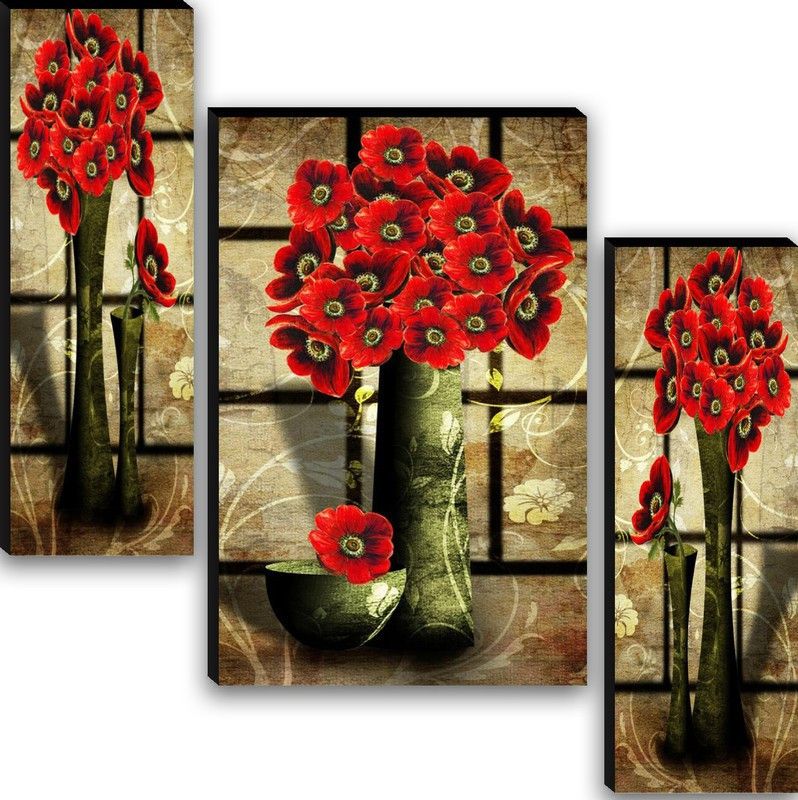 TNFArt Set Of 3 Flower Pots Home Décor 3D Digital Reprint 12 inch x 18 inch Painting  (Without Frame, Pack of 3)