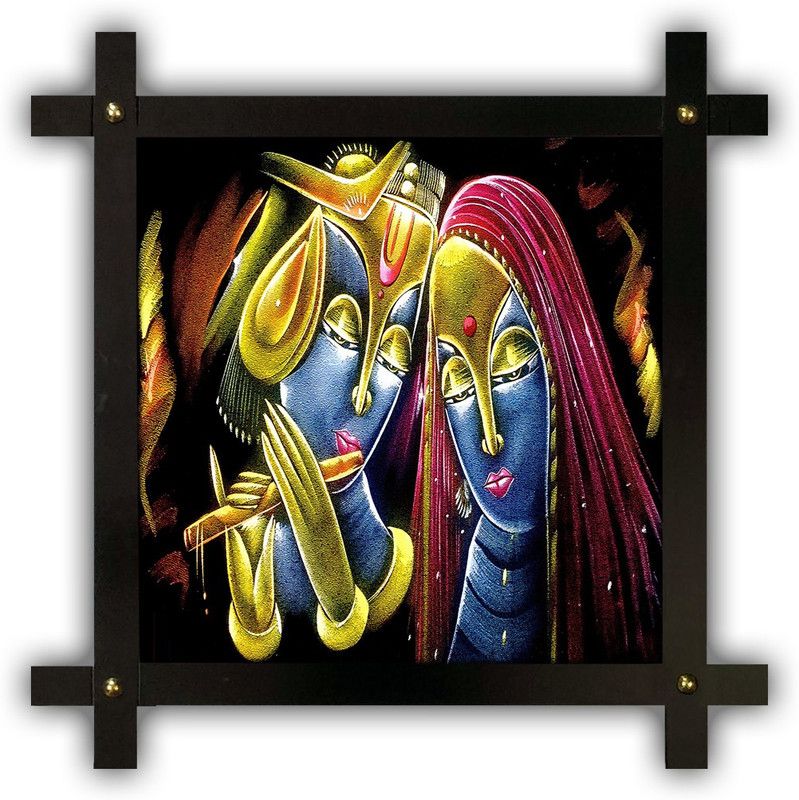 Poster N Frames Cross Wooden Frame Hand-Crafted with photo of Radha Krishna 19736 Digital Reprint 16.5 inch x 16.5 inch Painting  (With Frame)