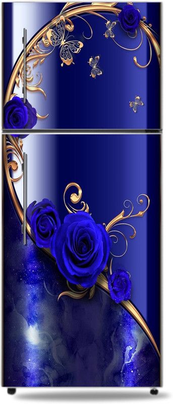 KUKU WALL STICKER 154.94 cm HD--rose-blue-butterfly-flower-gold-roses-screen Fridge Door Sticker Self Adhesive Sticker  (Pack of 1)