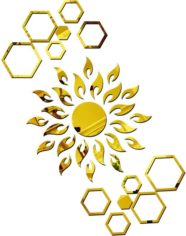 Bikri Kendra 100 cm sun golden with hexagon rings golden 2 set - wall stickers Self Adhesive Sticker  (Pack of 37)