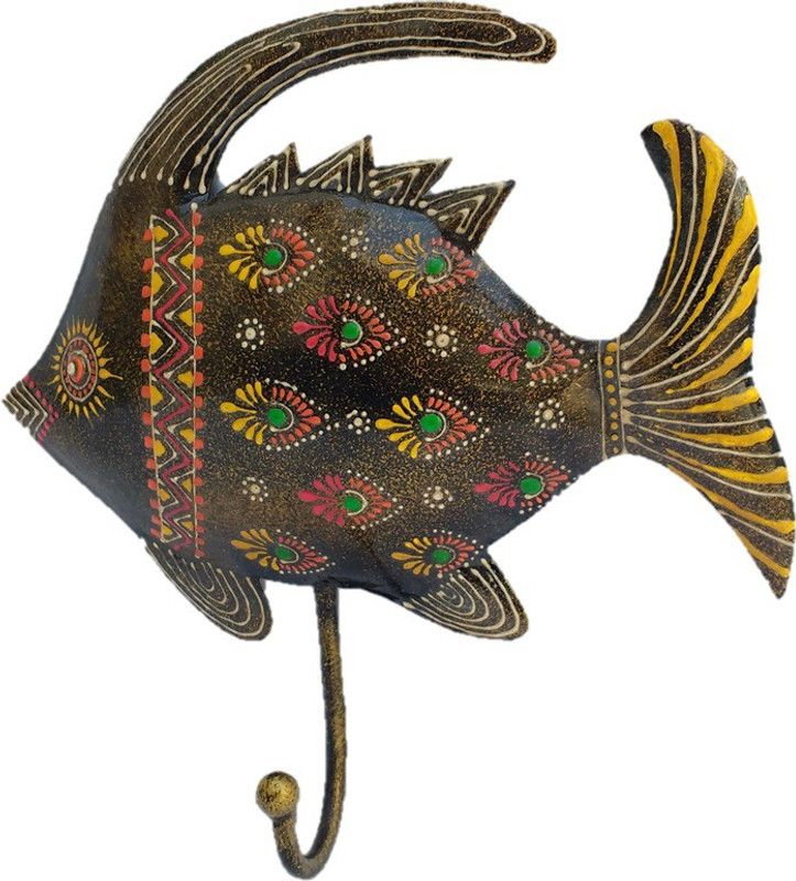 Sancheti Art Golden Fish Iron Key Holder  (1 Hooks, Gold, Multicolor)