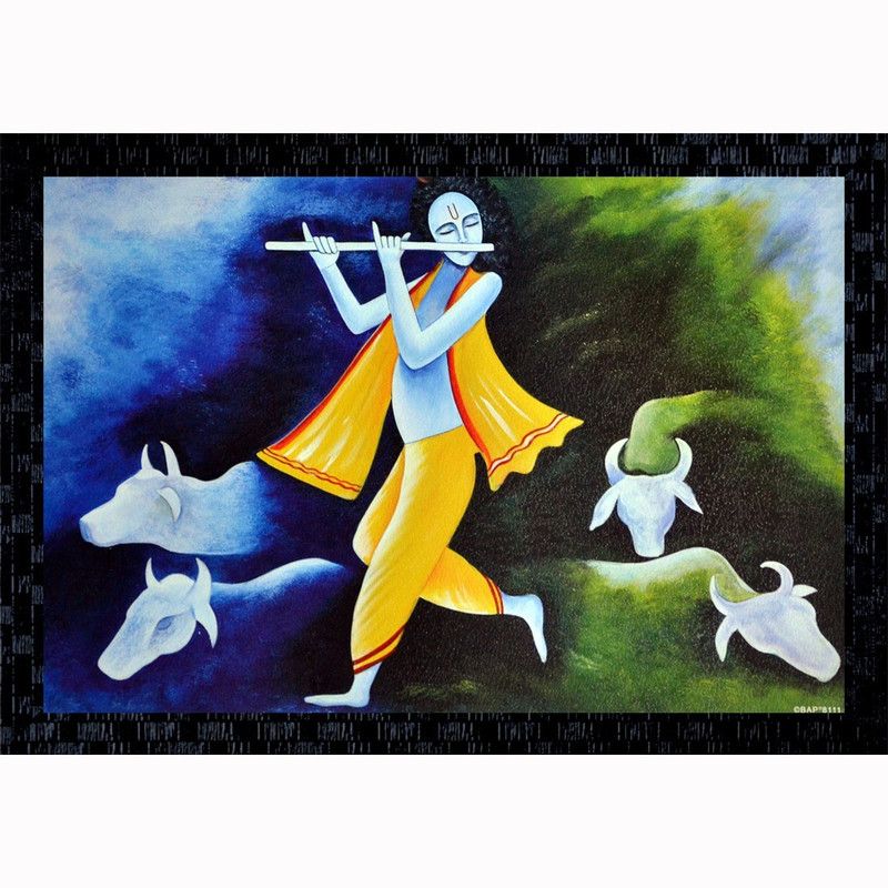 Janki Beautiful Krishna Singhing Flute with Cow Decorative Wall Painting For Gift Canvas 14 inch x 20 inch Painting  (With Frame)