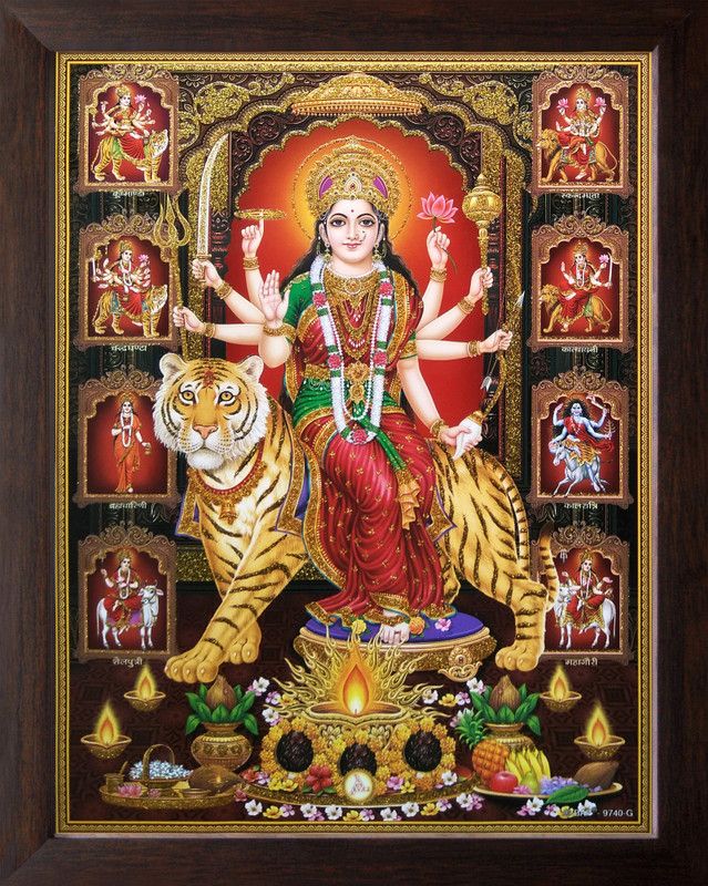Artisan Cart Goddess Durga /Ambe /Sherawali Maa with his 9 Form, Religious & Decor Poster Painting with Plane Digital Reprint 9 inch x 12 inch Painting  (With Frame)