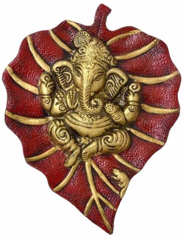 Shoptreed Ganesh Wall Hanging Idol on Metal Leaf - (Red) Decorative Showpiece - 17 cm  (Aluminium, Gold, Red)
