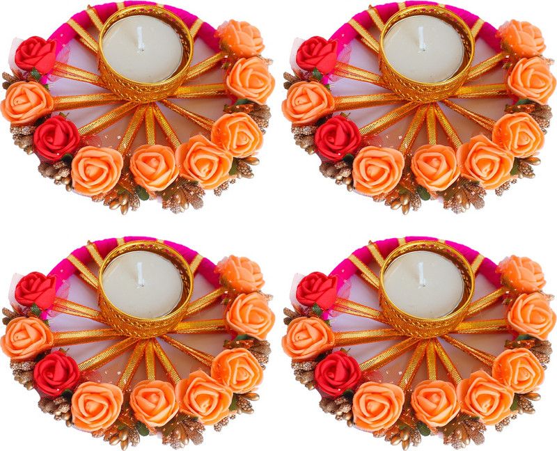 iHandikart Traditional Flower Tealight Holder for Diwali & Home Decoration (GTH-0038-4) Plastic 4 - Cup Candle Holder  (Multicolor, Pack of 4)