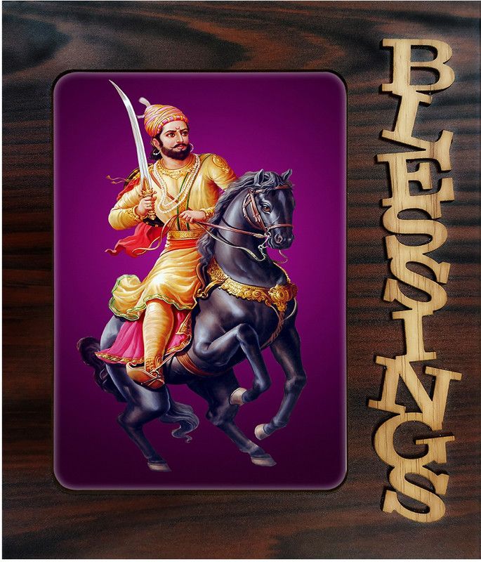 Poster N Frames Decorative Blessings Hand Crafted Wooden table with photo of Chattrapati Shivaji Maharaj 254 36 Digital Reprint 7.75 inch x 9 inch Painting  (With Frame)