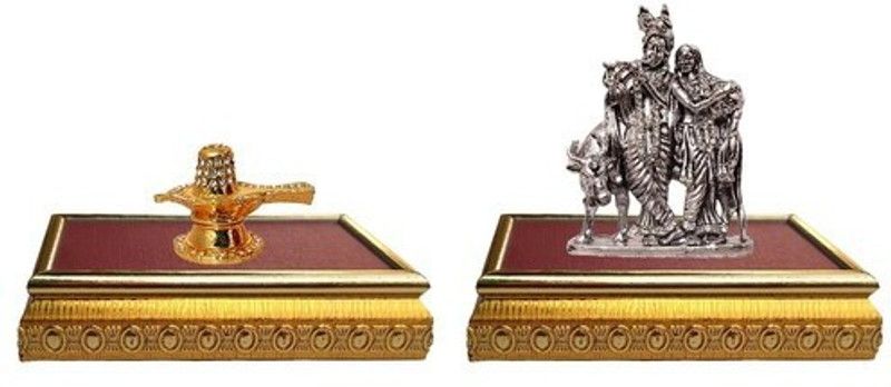 9facts Set of 2 with wooden base Lord Shiva Shivling Idol God Statue & Lord Radha Krishna & Cow / Radhey Krishan Couple Idol God Statue Decorative Showpiece Decorative Showpiece - 10 cm  (Brass, Multicolor)