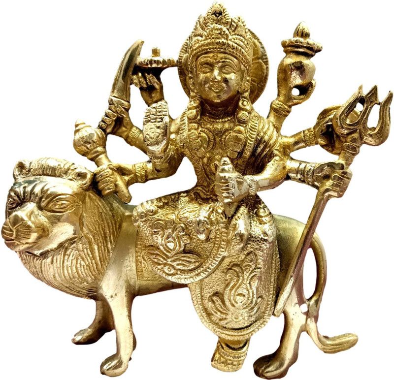 athizay Sherawali mata murti gold texture and finish Brass Durga idol Decorative Showpiece - 16 cm  (Brass, Gold)