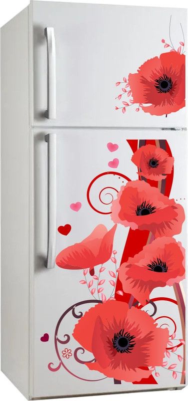 VCREATE DECOR 58 cm Red Flower Fridge Removable Sticker  (Pack of 2)