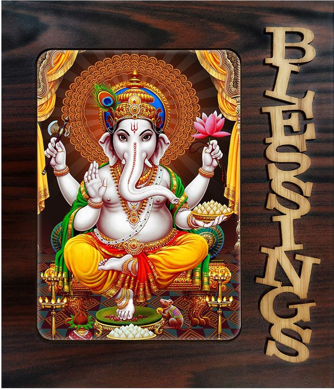 Poster N Frames Decorative Blessings Hand Crafted Wooden table with photo of Ganeshji 20069 Digital Reprint 9 inch x 7.75 inch Painting  (With Frame)