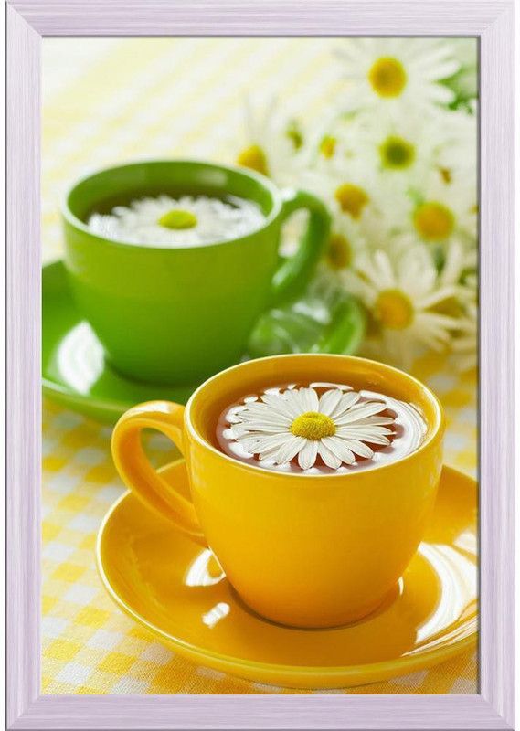 Artzfolio Photo of Herbal Chamomile Tea In A Yellow Cup Painting White Frame 12x17.6inch Canvas 17.6 inch x 12 inch Painting  (With Frame)