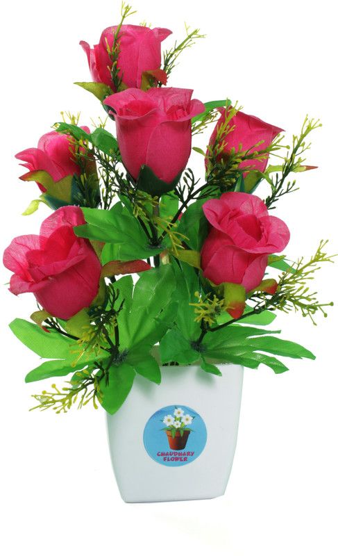 CHAUDHARY FLOWER Best For Home/Office Table Decoration Pink Rose Artificial Flower with Pot  (11 inch, Pack of 1, Flower with Basket)