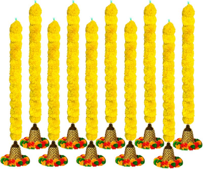 iHandikart Artificial Fluffy Marigold Garland With Pom Pom & Bell In The Bottom (H33404-10) Yellow Marigold Artificial Flower  (33 inch, Pack of 10, Garlands)