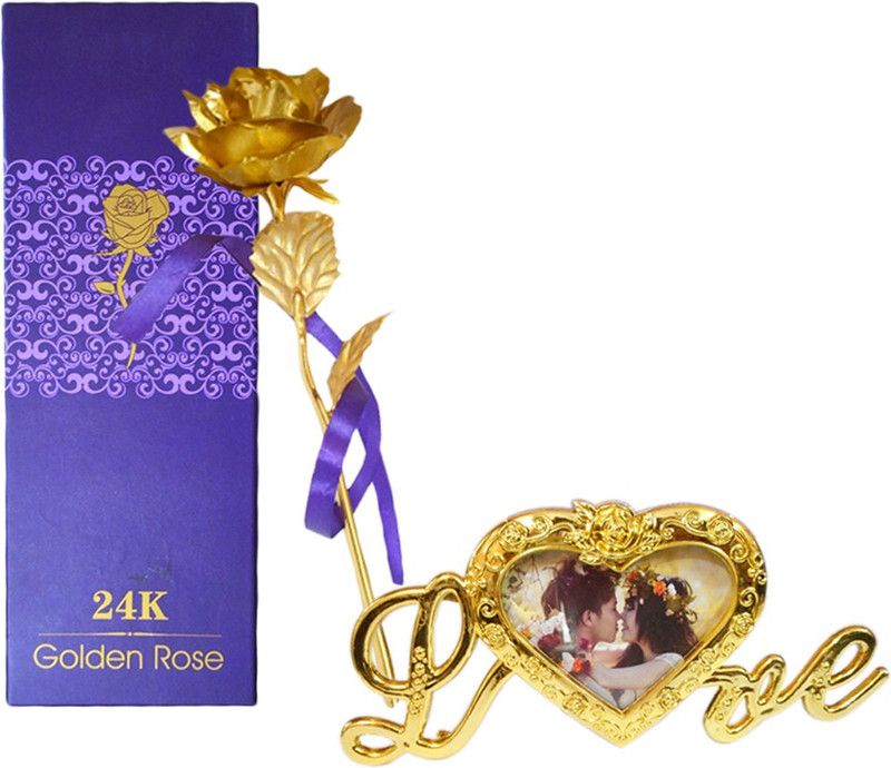 SKY TRENDS Gift For Girl Friend 24K Golden Rose With Base Gold Marigold Artificial Flower with Frame Gold Rose Artificial Flower with Pot  (15 inch, Pack of 1, Single Flower)