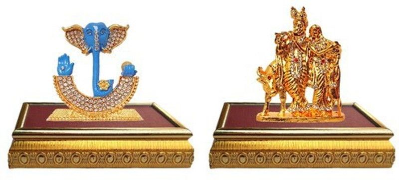 BEI Set of 2 with wooden base God Ganesh Idol Statue & Lord Radha Krishna & Cow / Radhey Krishan Couple Idol God Statue Decorative Showpiece Decorative Showpiece - 10 cm  (Brass, Multicolor)