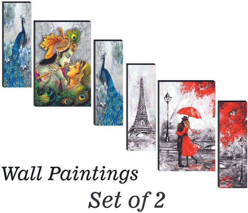 WALLMAX Pack Of 2 Set Radha Krishna And modern Art Digital Reprint 18 inch x 12 inch Painting  (Without Frame, Pack of 6)