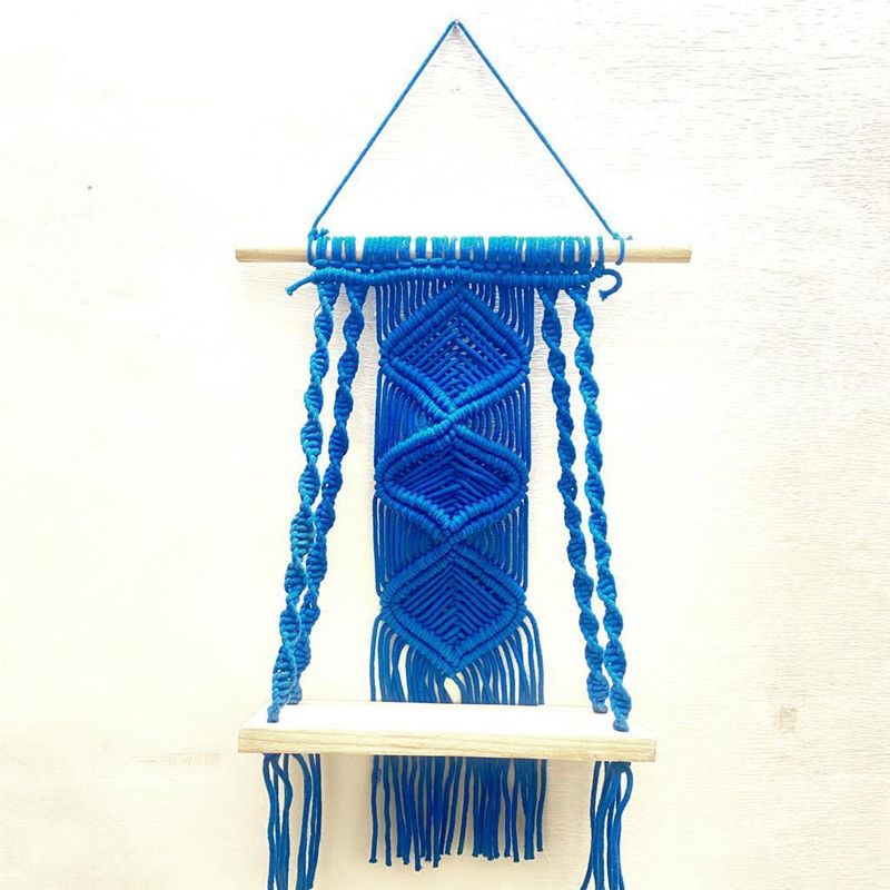 Faith Hope Love Macrame Wall Hanging Single Shelf Planter for Living Room & Decor (Design-6)  (12 inch X 16 inch, Blue)