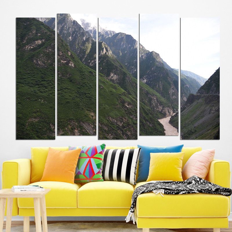 Coloriffy Multiple Frames Beautiful Hills Wall Painting for Living Room, Bedroom, Office, Hotels, Drawing Room | Split Painting of 5 (130cm X 76cm) Digital Reprint 30 inch x 52 inch Painting  (With Frame, Pack of 5)