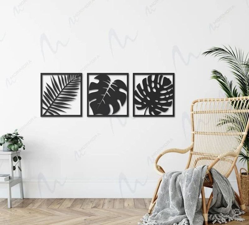 Fab Creations Leaves Set of 3 Leaf Design Wooden Monstera Wall Sign Living Room Decorative Art  (Black)
