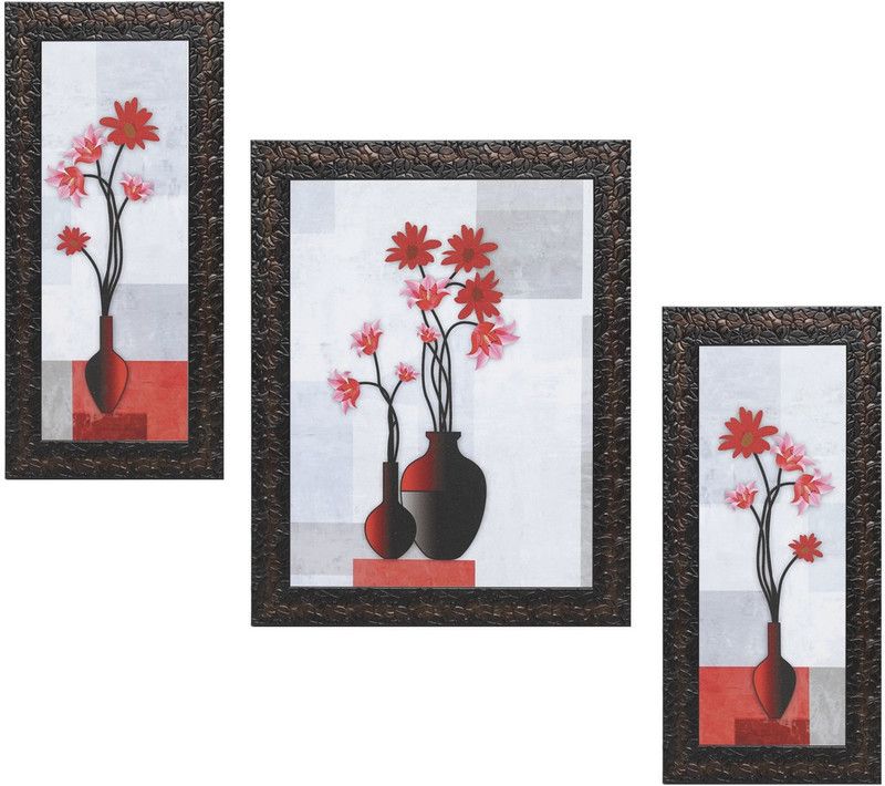 Indianara Set of 3 FLORAL Painting (3256) Digital Reprint 13.5 inch x 10.2 inch Painting  (With Frame, Pack of 3)