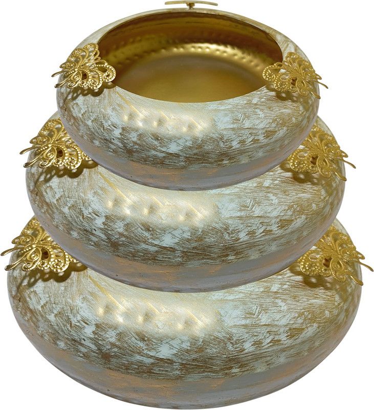 Extreme Karigari Fancy Urli Bowl Flower Cutting Jali with 3 Butterfly | Metal Flower Bowl Floating Flower Designer uruli | set of 3 Decorative Showpiece - 8.255 cm  (Metal, White, Gold)