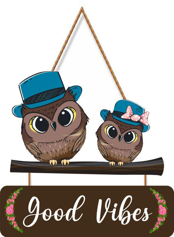 Kiaanshe creations Good Vibes With Owl Beautiful Wooden Wall Hanging for Home Wall Decoration Item  (30.48 cm X 20.32 cm, Multicolor)