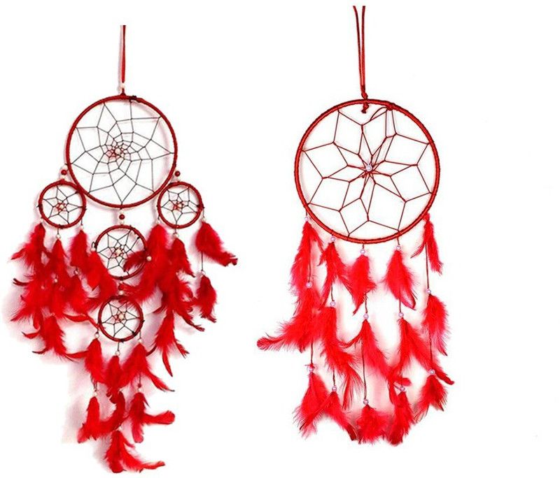 Ryme Combo Of Ring & Single Ring Red Color Dream Catcher Decorative Showpiece - 5 cm  (Feather, Red)