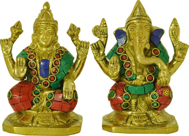 Santarms Handcrafted Brass Laxmi Ganesh Statue with stone work Pair Decorative Showpiece - 10 cm  (Brass, Multicolor)