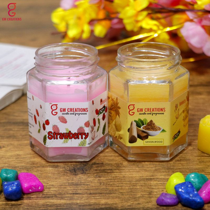 GW Creations Combo set of 2 Sandalwood-Strawberry Large Hexagon Jar Candle  (Yellow, Pink, Pack of 2)