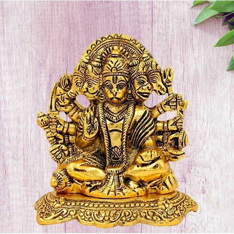 Indra Art Collection Hanuman ji Metal Statue,Panchmukhi Hanuman Murti,Bajrangbali Murti Religious Idol for Pooja Room & Decor Your Home,Office,Gift Article for Relatives on Birthday,Return Gift Decorative Showpiece - 15 cm  (Aluminium, Gold)