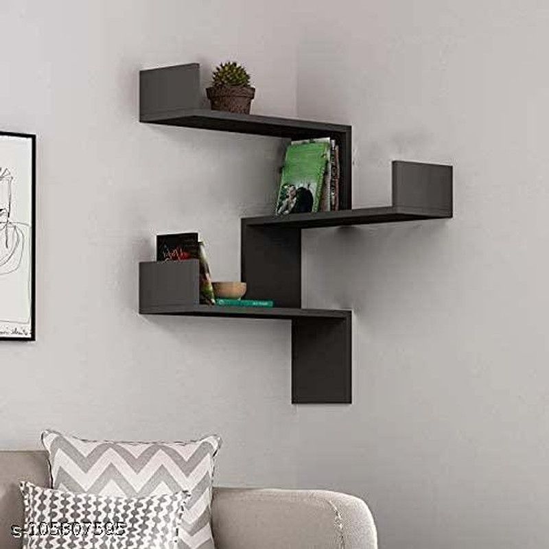 WIQOWEG WOODEN HANDICRAFTS Corner Rack Shelves for Living and Bedroom Decoration (5*16*16) inches Wall Decoration (BLACK) MDF (Medium Density Fiber) Wall Shelf  (Number of Shelves - 3, Black)