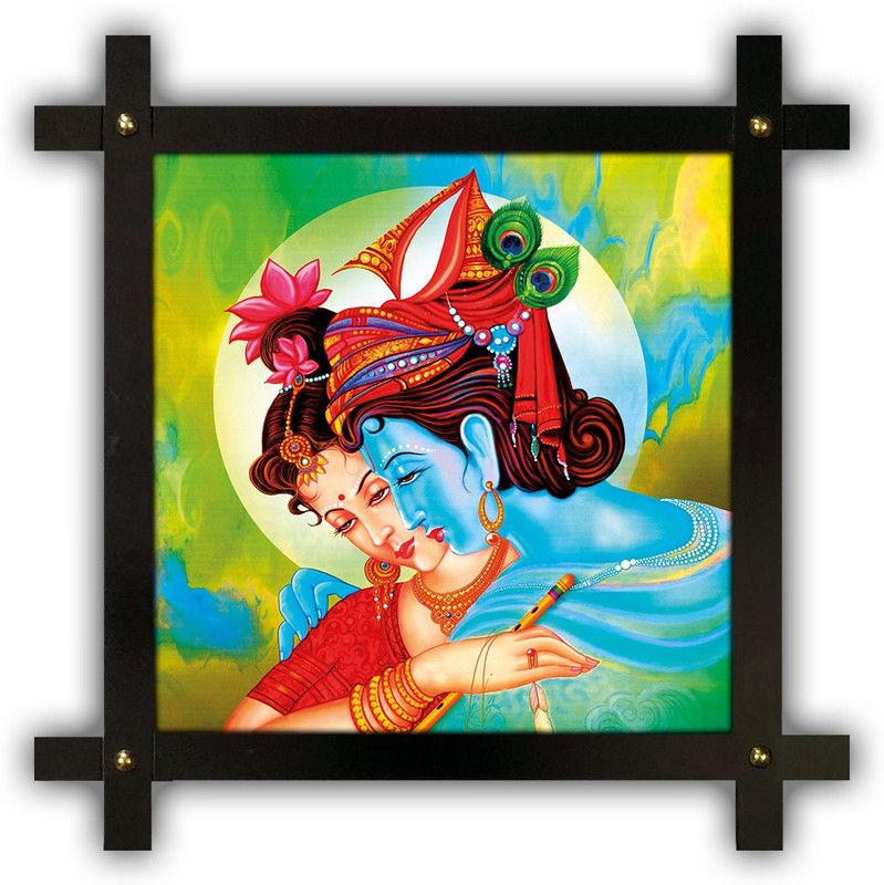 Poster N Frames Cross Wooden Frame Hand-Crafted with photo of Radha Krishna 17437 Digital Reprint 16.5 inch x 16.5 inch Painting  (With Frame)