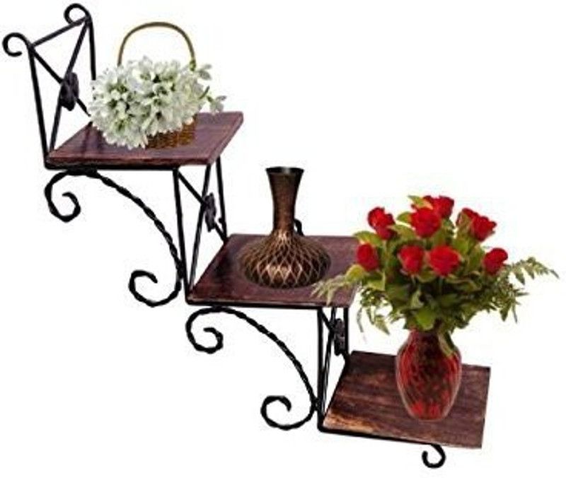 sk handicraft Wooden & Wrought Iron Wall Rack 3 Bracket Shelf  Iron Wall Shelf  (Number of Shelves - 3, Brown)