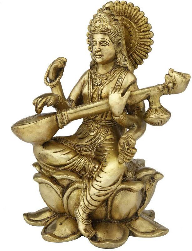 StatueStudio Saraswati Statue Ma Saraswati Murti For Home Decor, Diwali Pooja & New Year Gift Decorative Showpiece - 27.94 cm  (Brass, Gold)