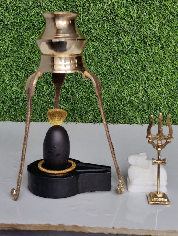 Shivam Vastu Kala Shivling Art Narmadeshwar Shivling Full Set With Yoni Base, Nag, Nandi, Trishul, Water Sand Decorative Showpiece - 2.5 cm  (Stone, Brass, Black, Brown, Gold)