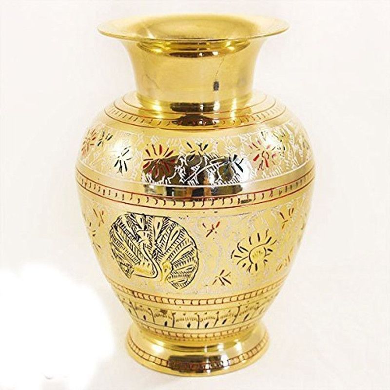 Skywalk HAND CRAFTED METAL BRASS FLOWER VASE WITH BIDRI NAKKASHI WORK, COLLECTIBLE ART,PERFECT FOR HOME DECORATION AND GIFTING Brass Vase  (11 inch, Yellow, Multicolor)
