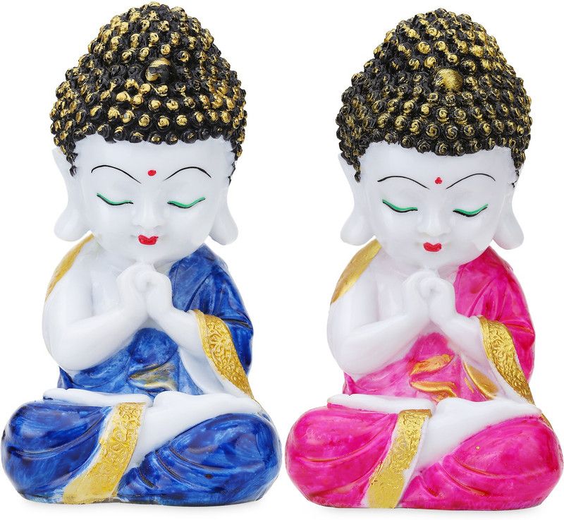 GW Creations Pair of 2 Little Baby Monk (Blue & Pink) Decorative Showpiece - 20 cm  (Polyresin, Pink, Blue, White, Gold)