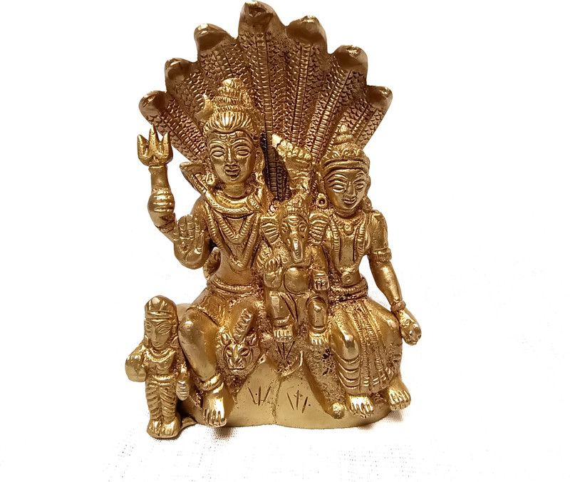 Statue Gallery Brass Metal Shiva Parvati Ganesh Kartik Family Murti Idol Shivparivar/ Sheshnaag Decorative Showpiece - 13 cm  (Brass, Yellow)