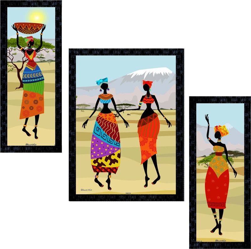 Janki Online Set of 3 African Modern Art Glass Framed Wall Painting For Home Office and Temple and Home Décor Digital Reprint 14 inch x 13.05 inch Painting  (With Frame, Pack of 3)
