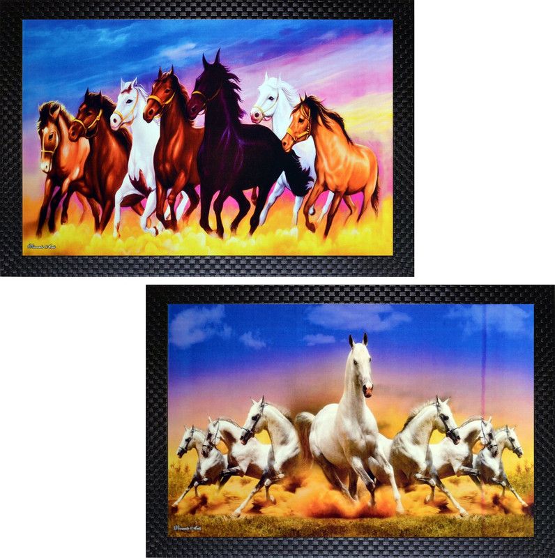 Janki Lucky Seven (7) Multicolor Running Horses Vastu Wall Painting Combo Set Digital Reprint 14 inch x 20 inch Painting  (With Frame, Pack of 2)
